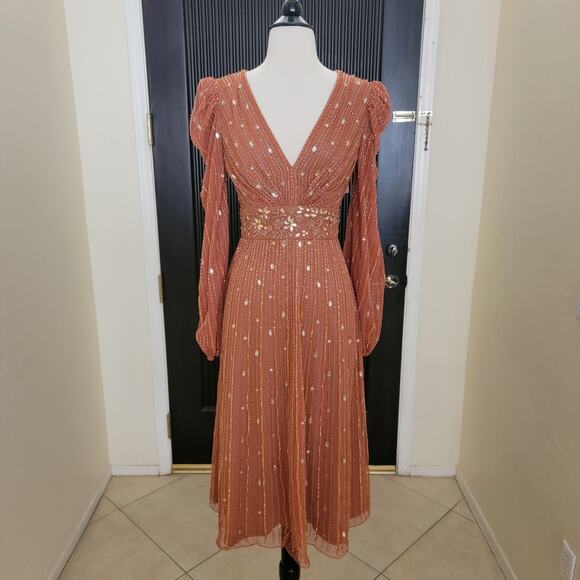 Mac Duggal 5593 Cognac Orange 4 Embellished V Neck Long Sleeve Evening Dress - Picture 2 of 15